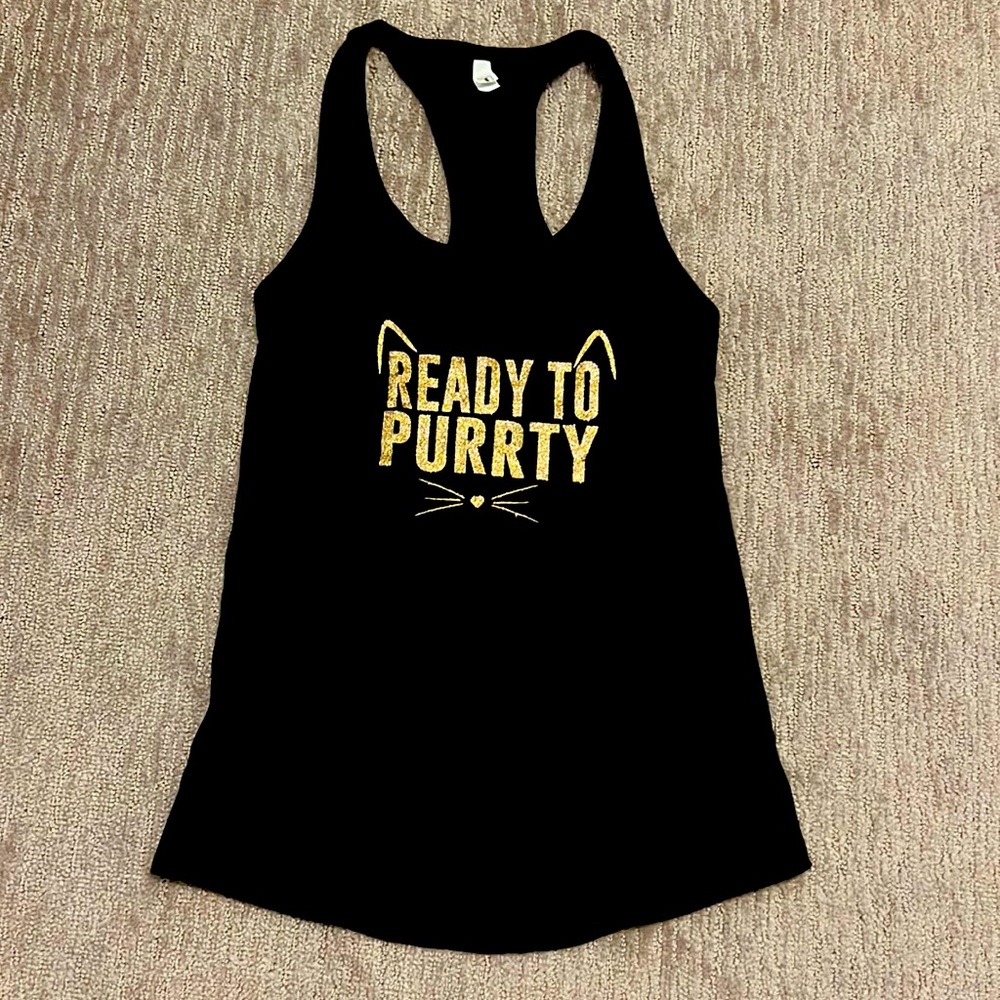 Ready to Purrty tank top - cat theme gold glitter